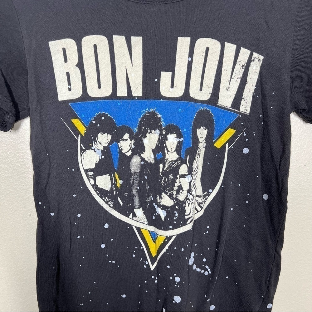 Chaser Womens Bon Jovi Graphic Burnout Paint Splatter Short Sleeve Tee Shirt - Picture 2 of 7